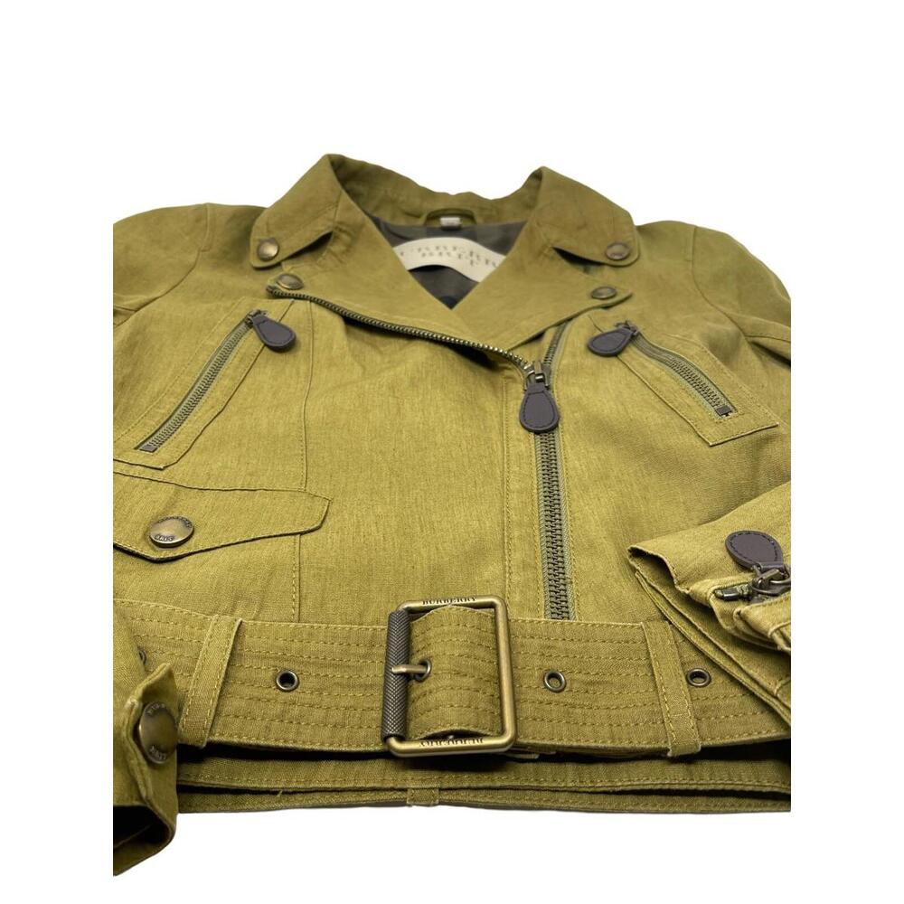 Burberry Brit Olive Green Linen Moto Biker Leather Jacket Size US6 MSRP $1250 - Picture 10 of 15